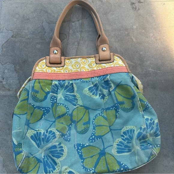 Fossil Canvas Leather Butterfly Floral Large Shoulder Tote Bag Hippie Boho READ - Picture 2 of 14